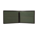 Mens Leather Wallet from Rydal in 'Black/Green' showing interior.