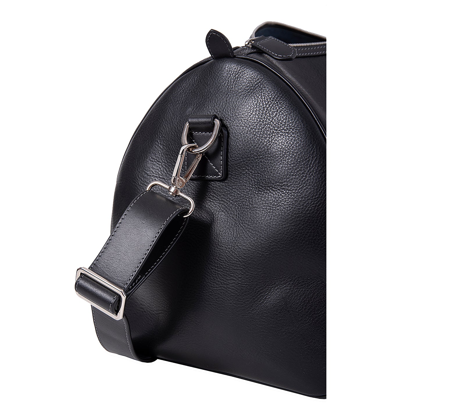 The Portland Mens Leather Travel Bag from Rydal in 'Black' showing close up of the side of bag.