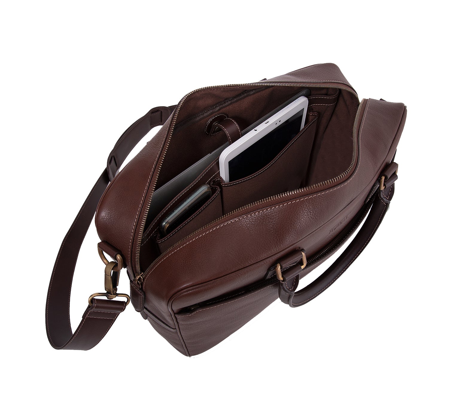 The Lexington Mens Leather Briefcase from Rydal in 'Dark Brown' showing interior.