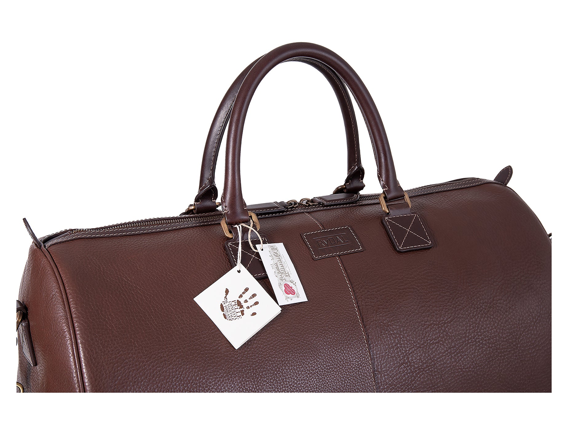 The Portland Mens Leather Travel Bag from Rydal in 'Dark Brown' with Guarantee Tags.