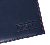 Mens Leather Wallet from Rydal in 'Royal Blue/Red' showing close up of logo.