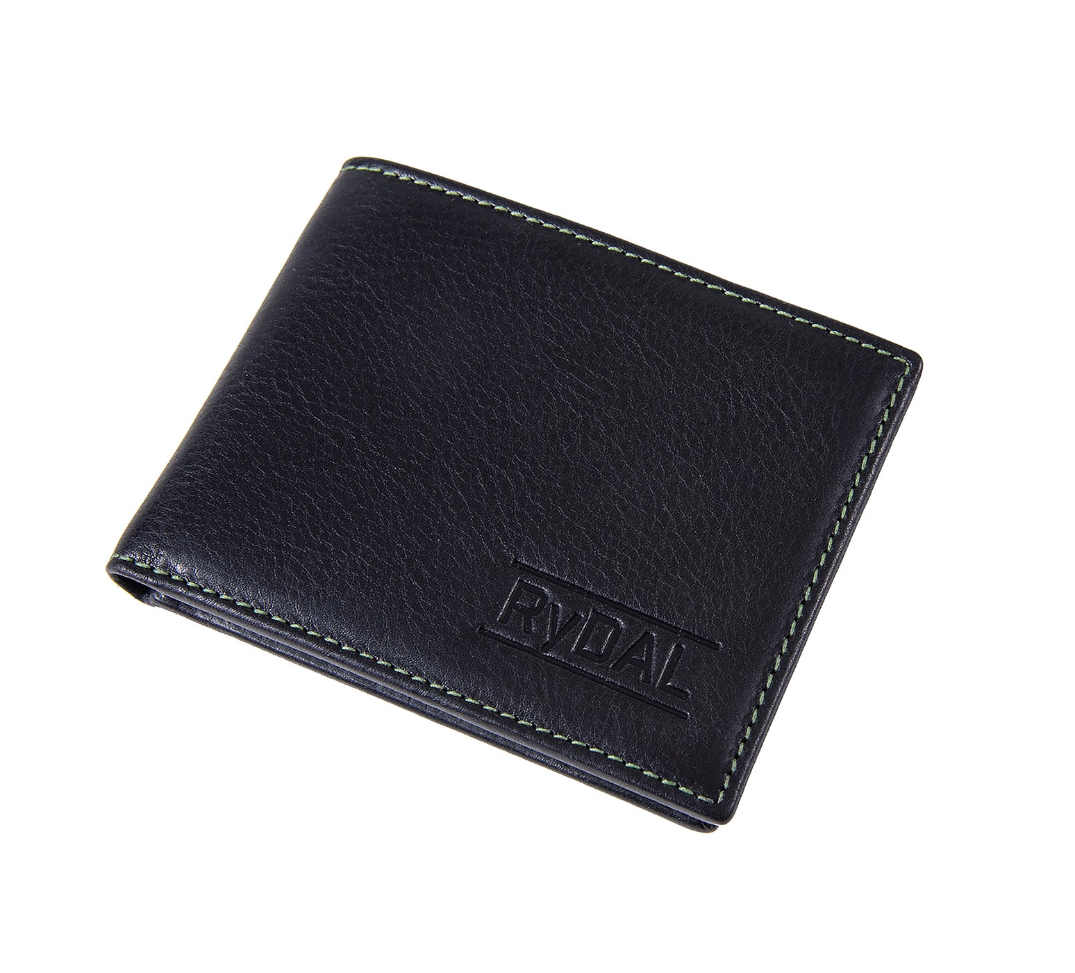 Mens Leather Wallet from Rydal in 'Black/Green' showing wallet closed.