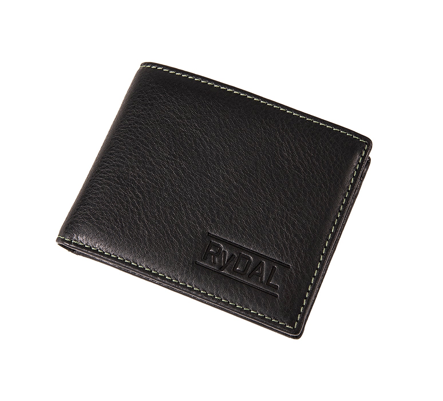Mens Leather Wallet with Coin Pocket from Rydal in 'Black/Green' showing wallet closed.