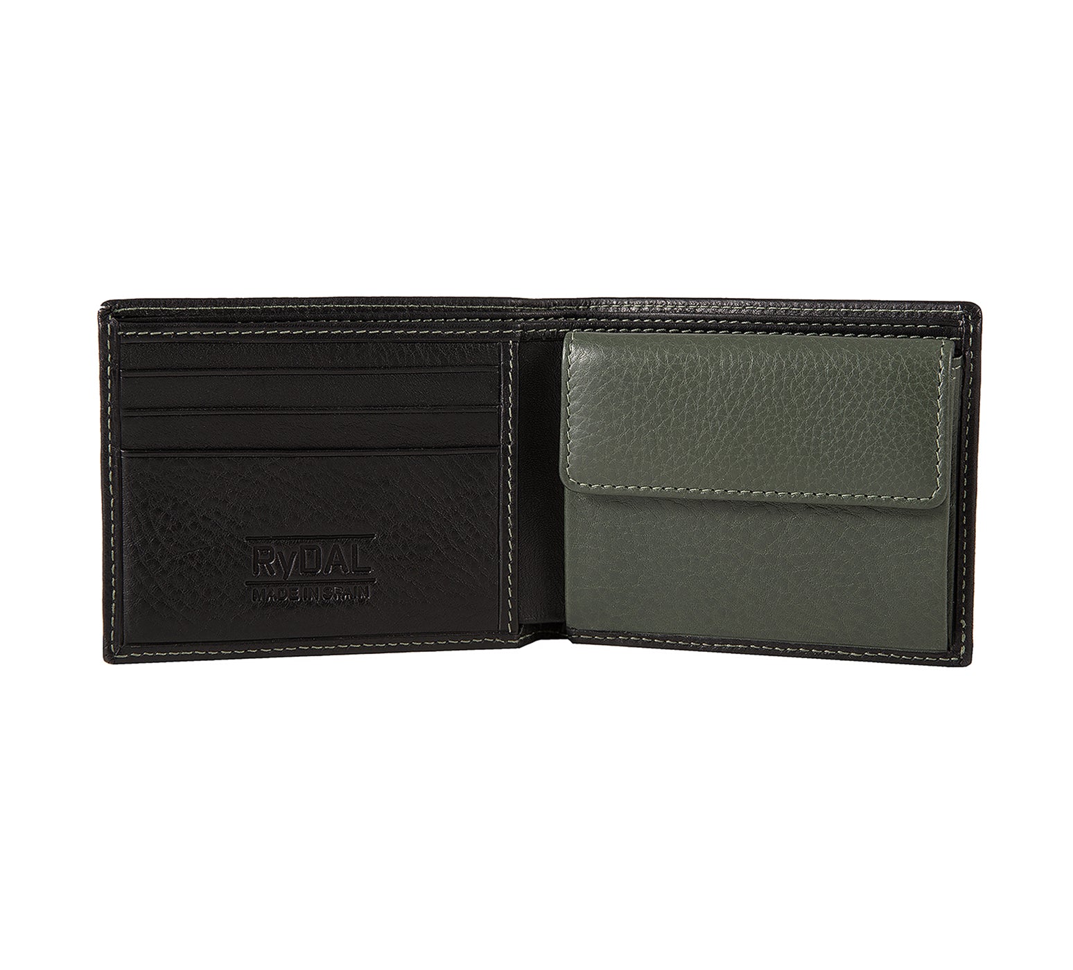 Mens Leather Wallet with Coin Pocket from Rydal in 'Black/Green' showing interior.