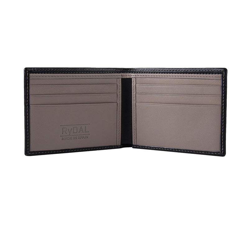 Mens Leather Wallet from Rydal in 'Black/Grey' showing interior.