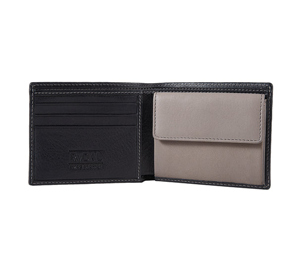 Mens Leather Wallet with Coin Pocket from Rydal in 'Black/Grey' showing interior.