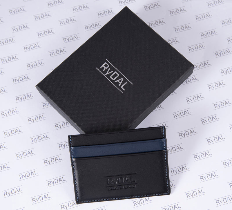 Mens Leather Card Holder in 'Black/Royal Blue' with Giftbox.