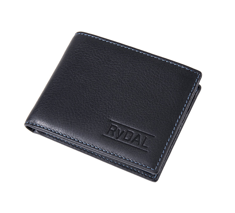 Mens Leather Wallet from Rydal in 'Black/Royal Blue' showing wallet closed.
