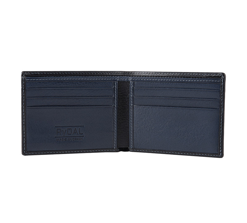 Mens Leather Wallet from Rydal in 'Black/Royal Blue' showing interior.