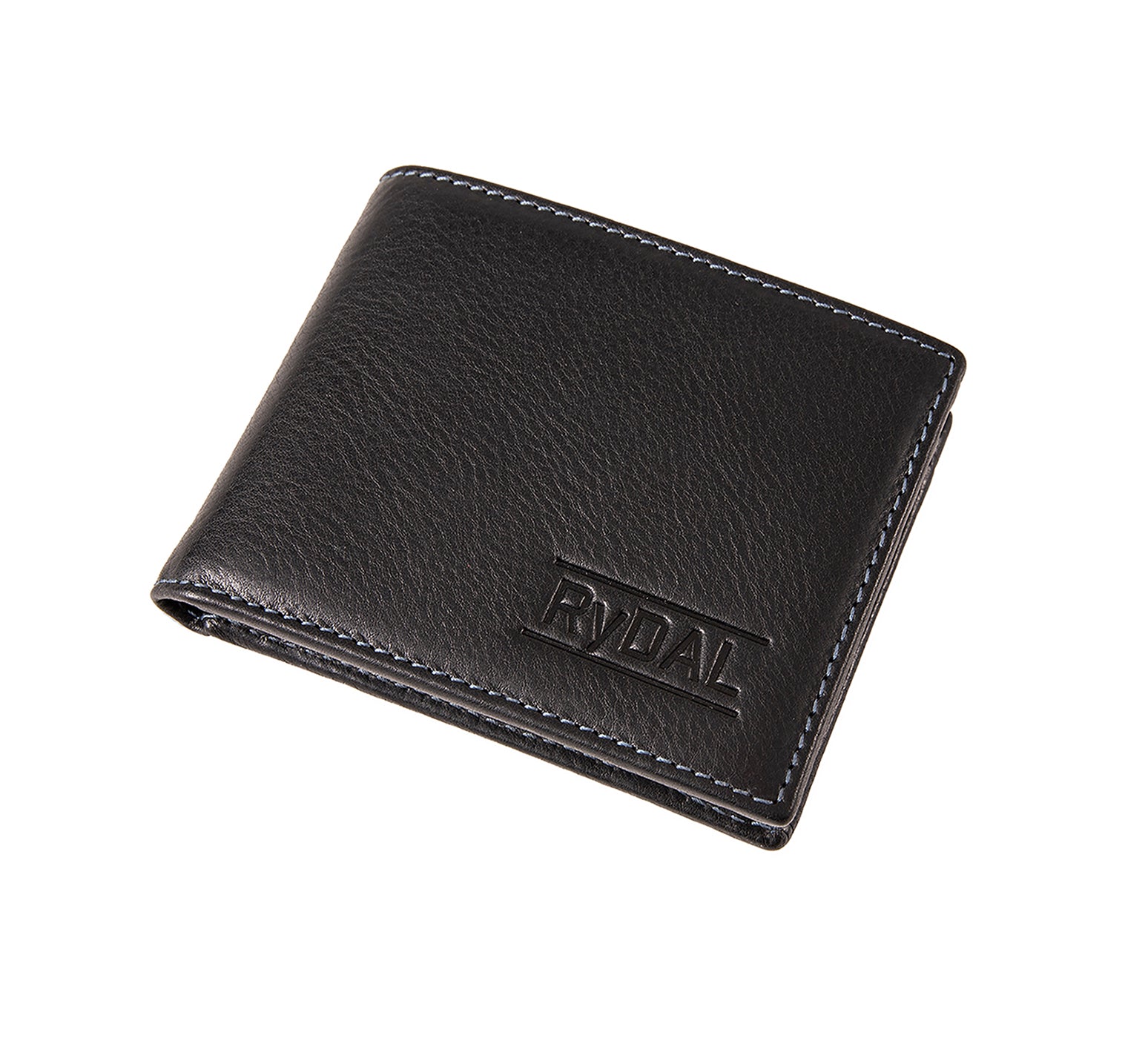 Mens Leather Wallet with Coin Pocket from Rydal in 'Black/Royal Blue' showing wallet closed.