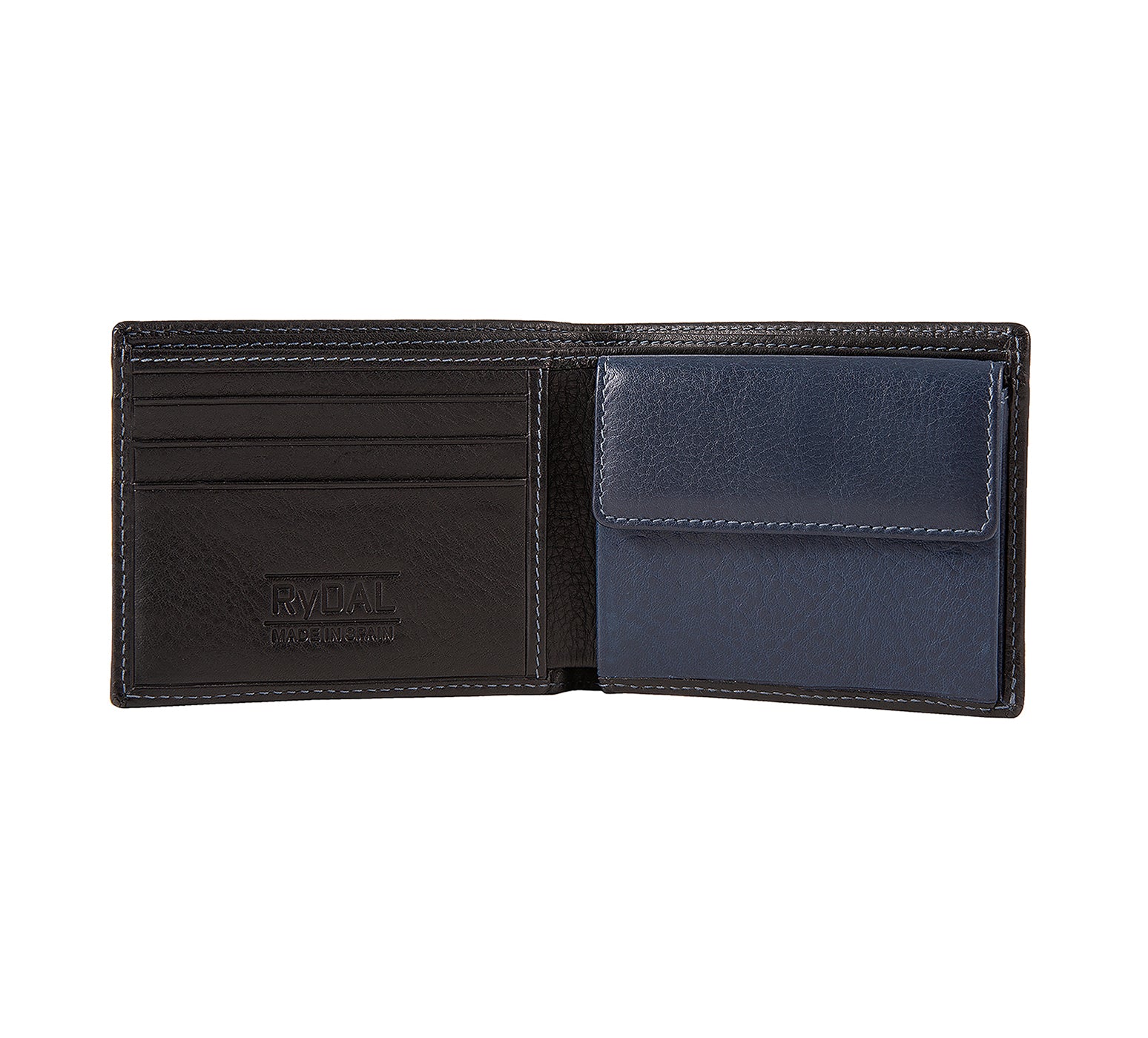 Mens Leather Wallet with Coin Pocket from Rydal in 'Black/Royal Blue' showing interior.