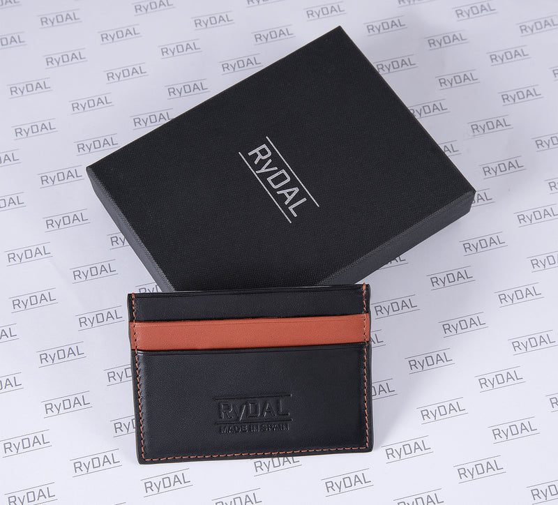 Mens Leather Card Holder in 'Black/Rust' with Giftbox.
