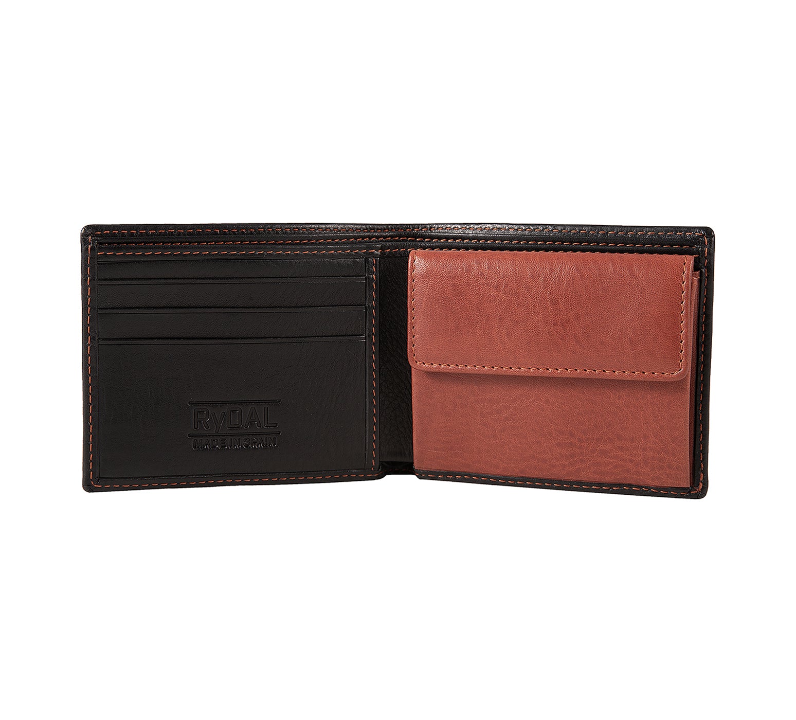 Mens Leather Wallet with Coin Pocket from Rydal in 'Black/Rust' showing interior.