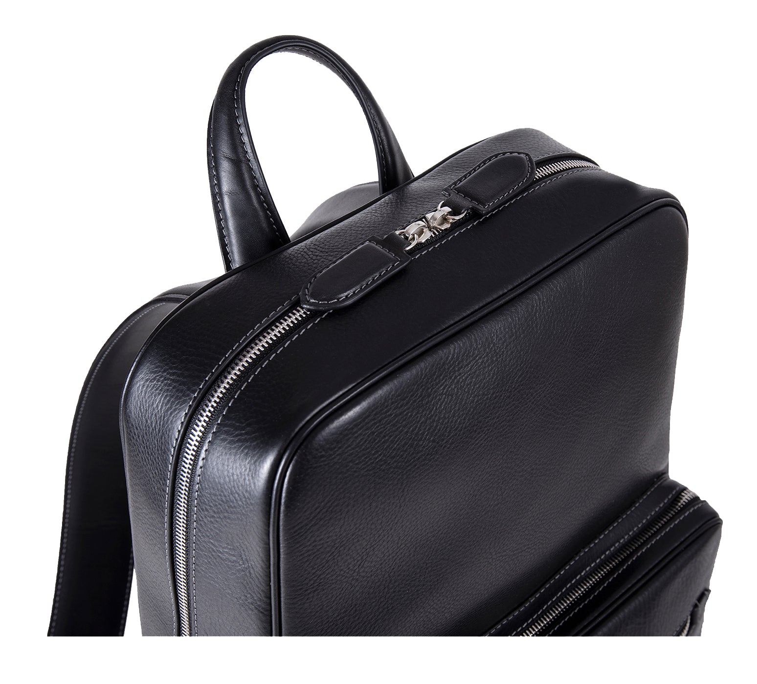 The Henley Mens Leather Backpack from Rydal in 'Black' showing double zip.