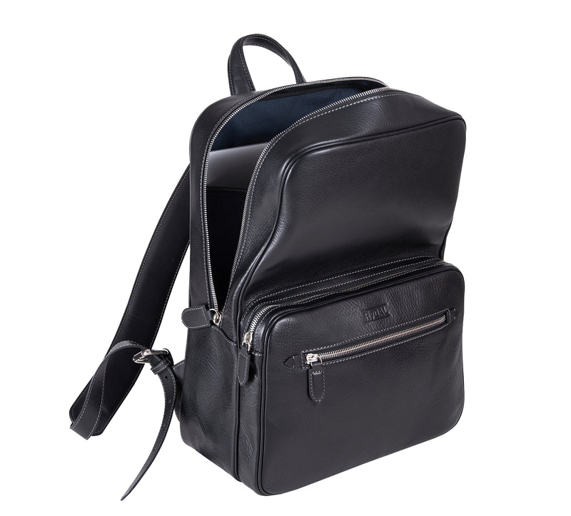 The Henley Mens Leather Backpack from Rydal in 'Black' open.