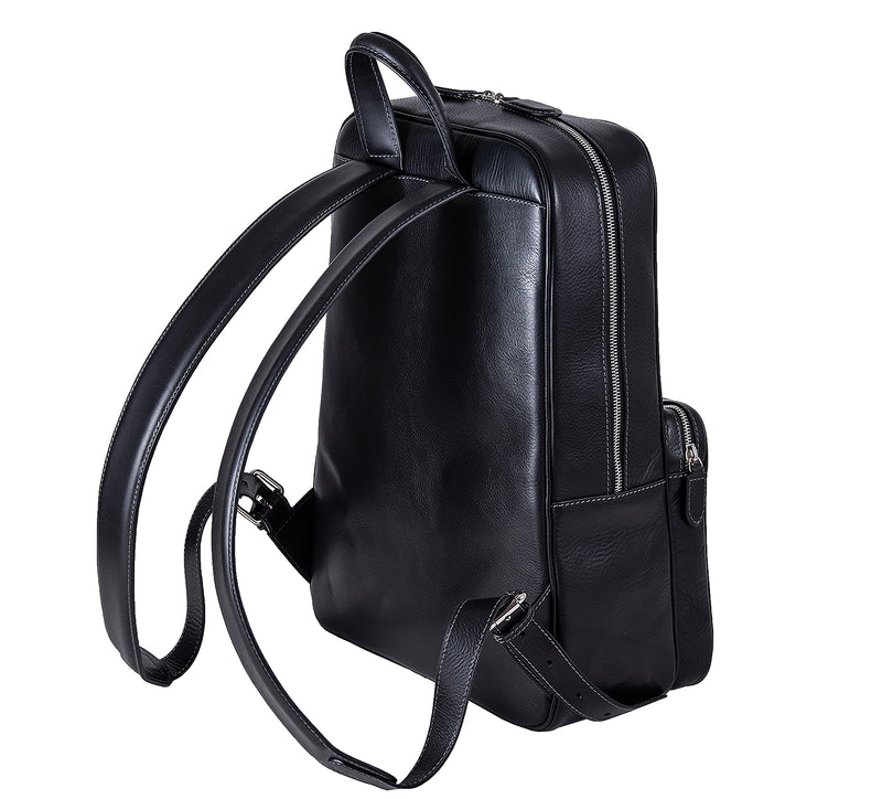 The Henley Mens Leather Backpack from Rydal in 'Black' showing shoulder straps.