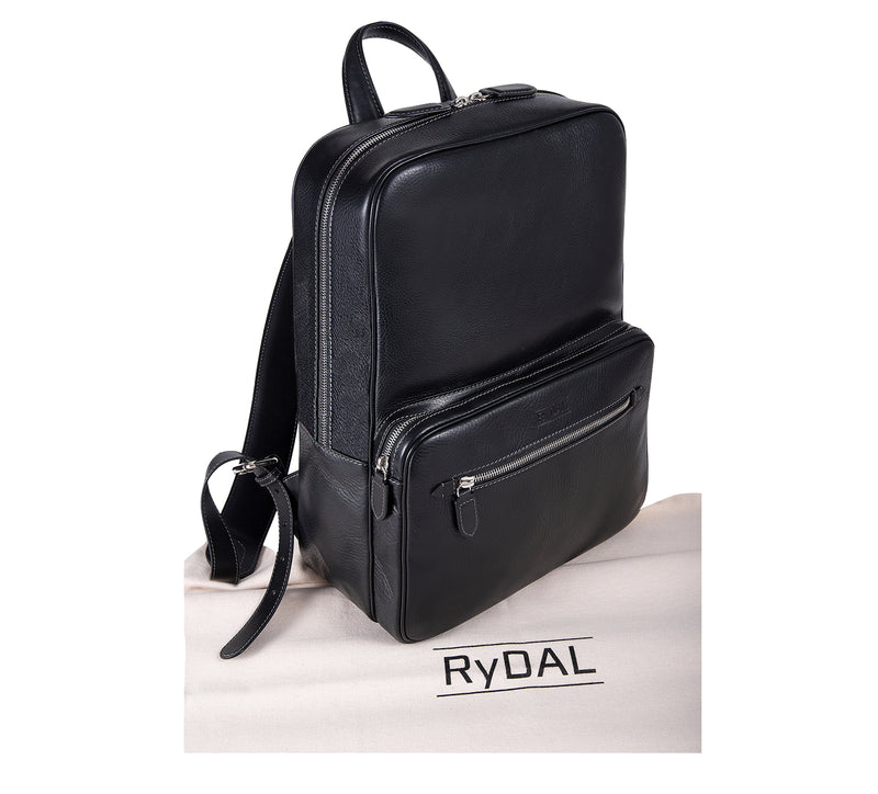 The Henley Mens Leather Backpack from Rydal in 'Black' with cotton bag.