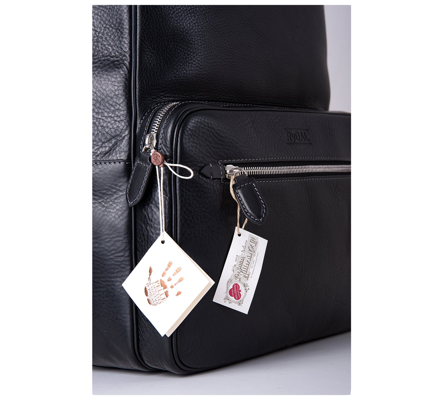 The Henley Mens Leather Backpack from Rydal in 'Black' with Guarantee Tags.