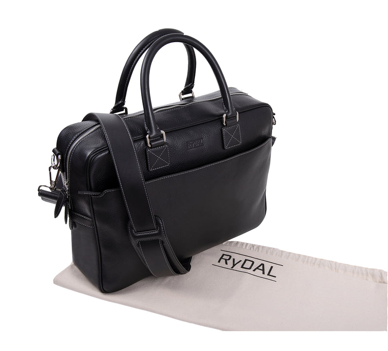 The Lexington Mens Leather Briefcase from Rydal in 'Black' with cotton bag.