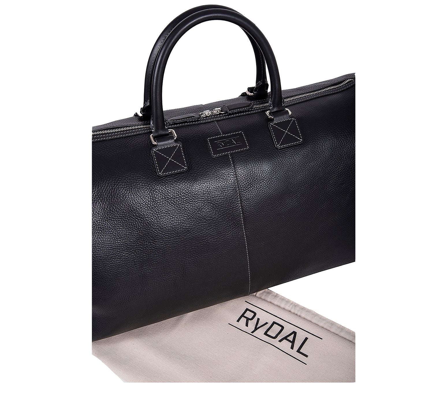 The Portland Mens Leather Travel Bag from Rydal in 'Black' with cotton bag.