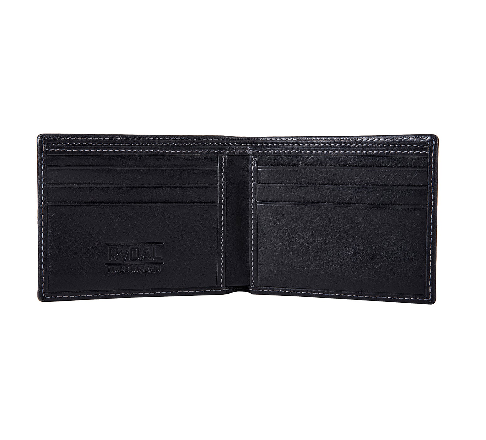 Mens Leather Wallet from Rydal in 'Black' showing interior.