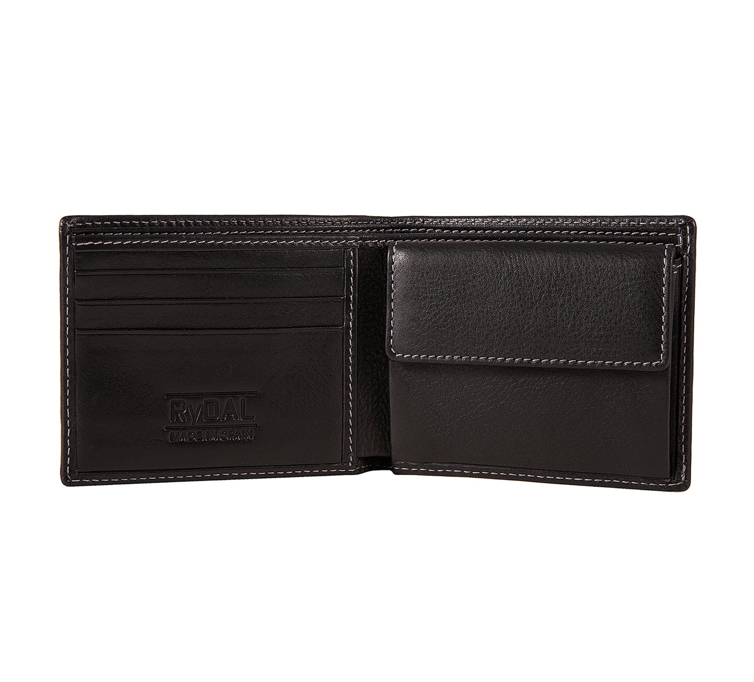Mens Leather Wallet with Coin Pocket from Rydal in 'Black' showing interior.