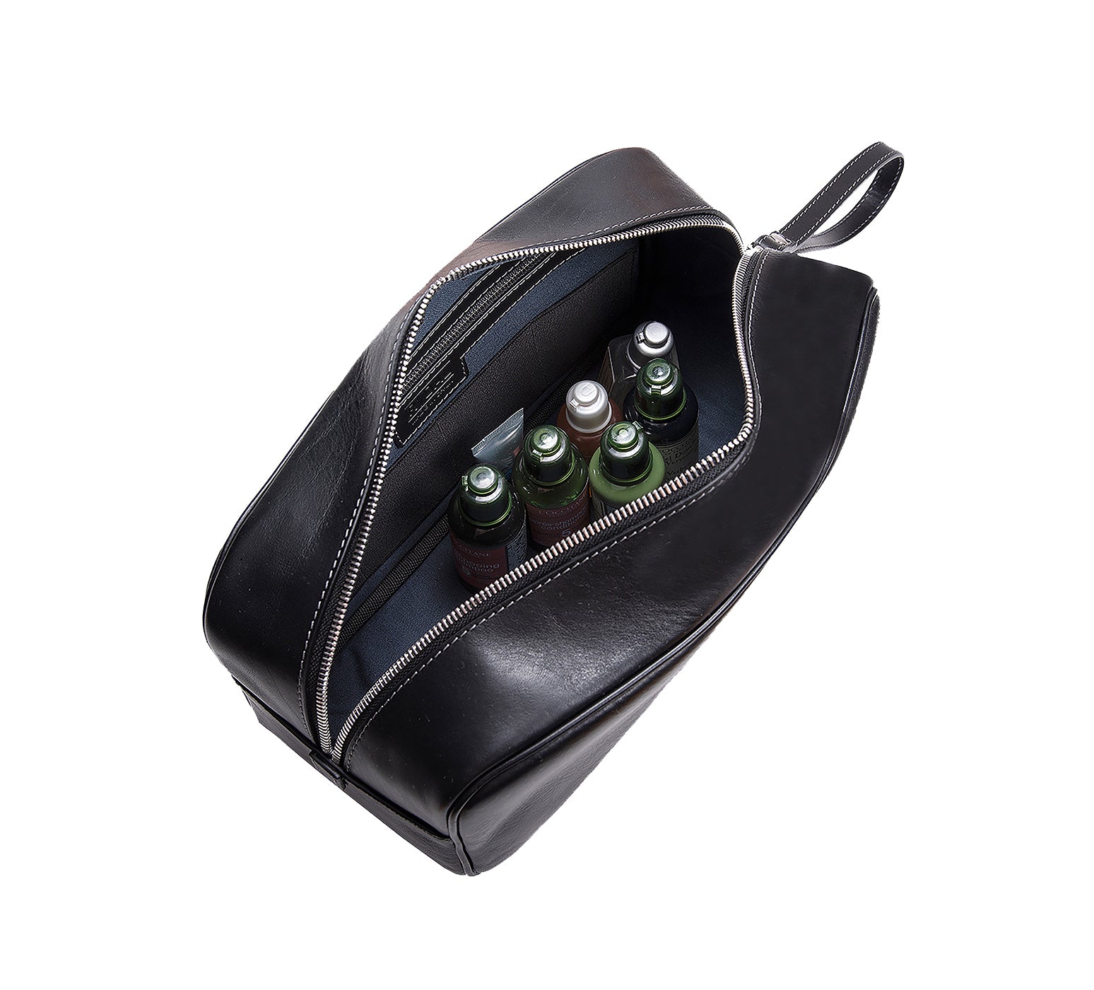 Mens Leather Wash Bag from Rydal in 'Black' showing toiletries.