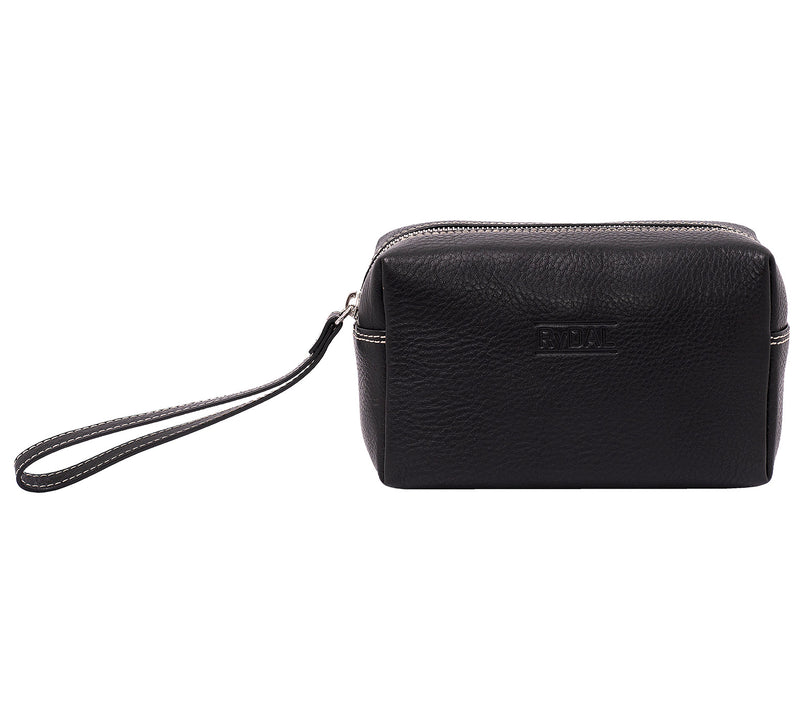 Leather Wrist Bag from Rydal in 'Black' showing front. 