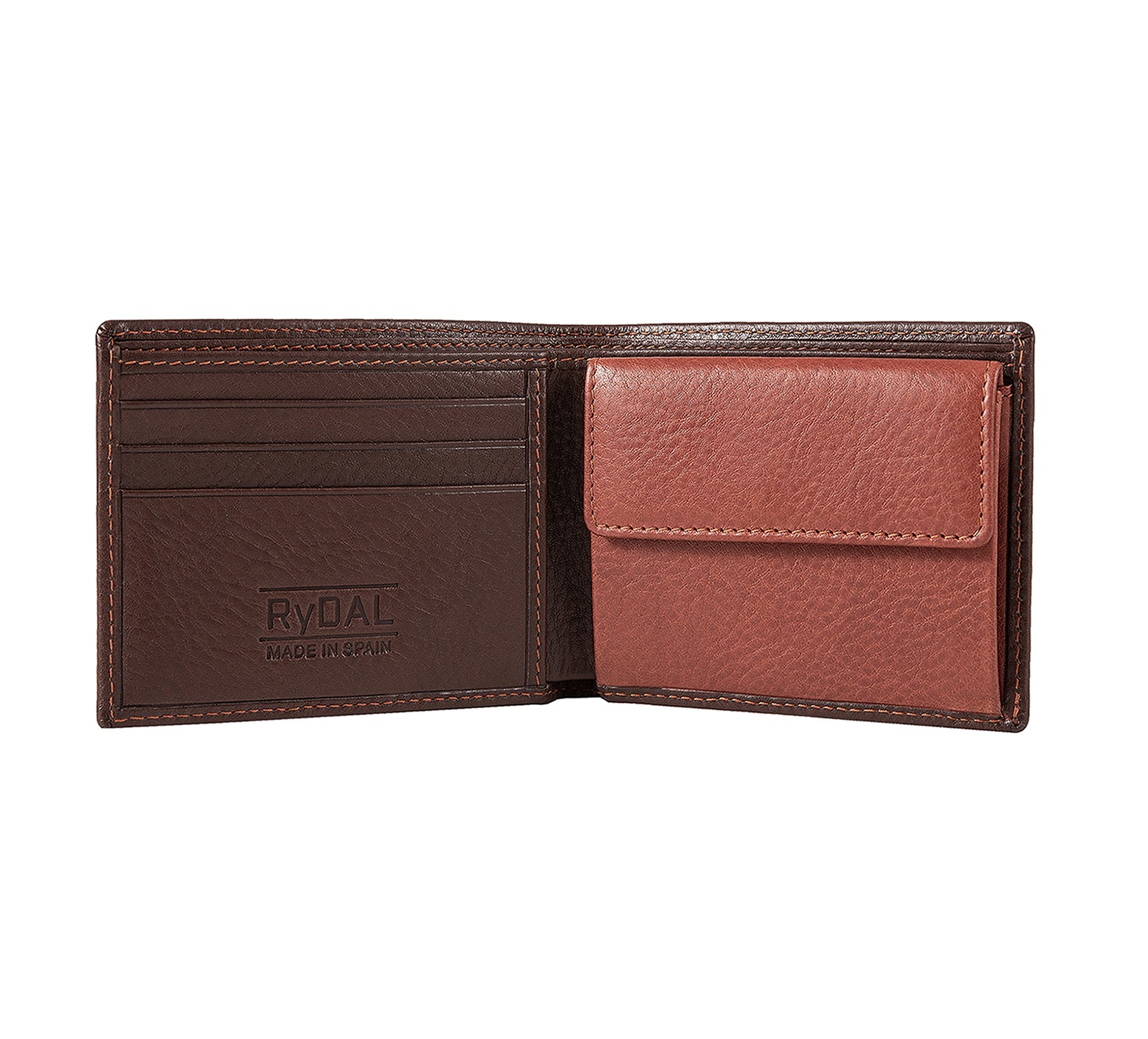 Mens Leather Wallet with Coin Pocket from Rydal in 'Dark Brown/Rust' showing interior.