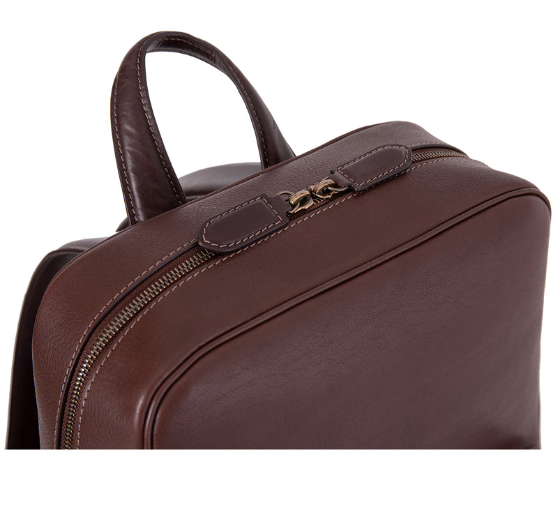 The Henley Mens Leather Backpack from Rydal in 'Dark Brown' showing double zip.