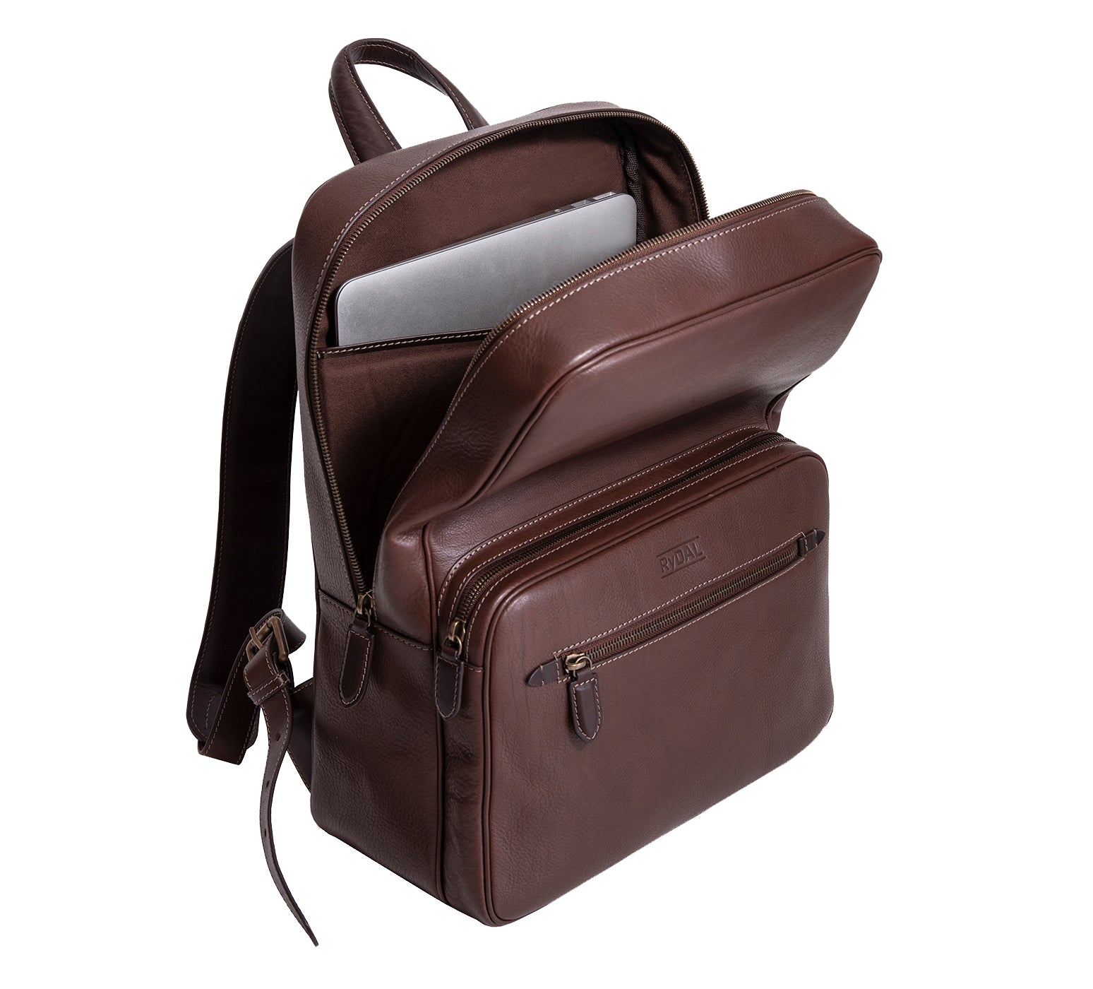 The Henley Mens Leather Backpack from Rydal in 'Dark Brown' open.