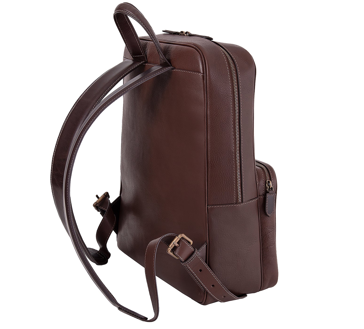The Henley Mens Leather Backpack from Rydal in 'Dark Brown' showing shoulder straps.