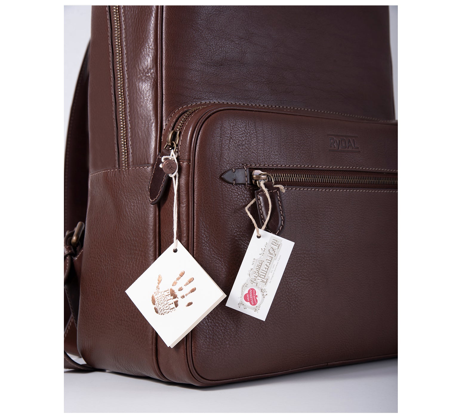 The Henley Mens Leather Backpack from Rydal in 'Dark Brown' with Guarantee Tags.