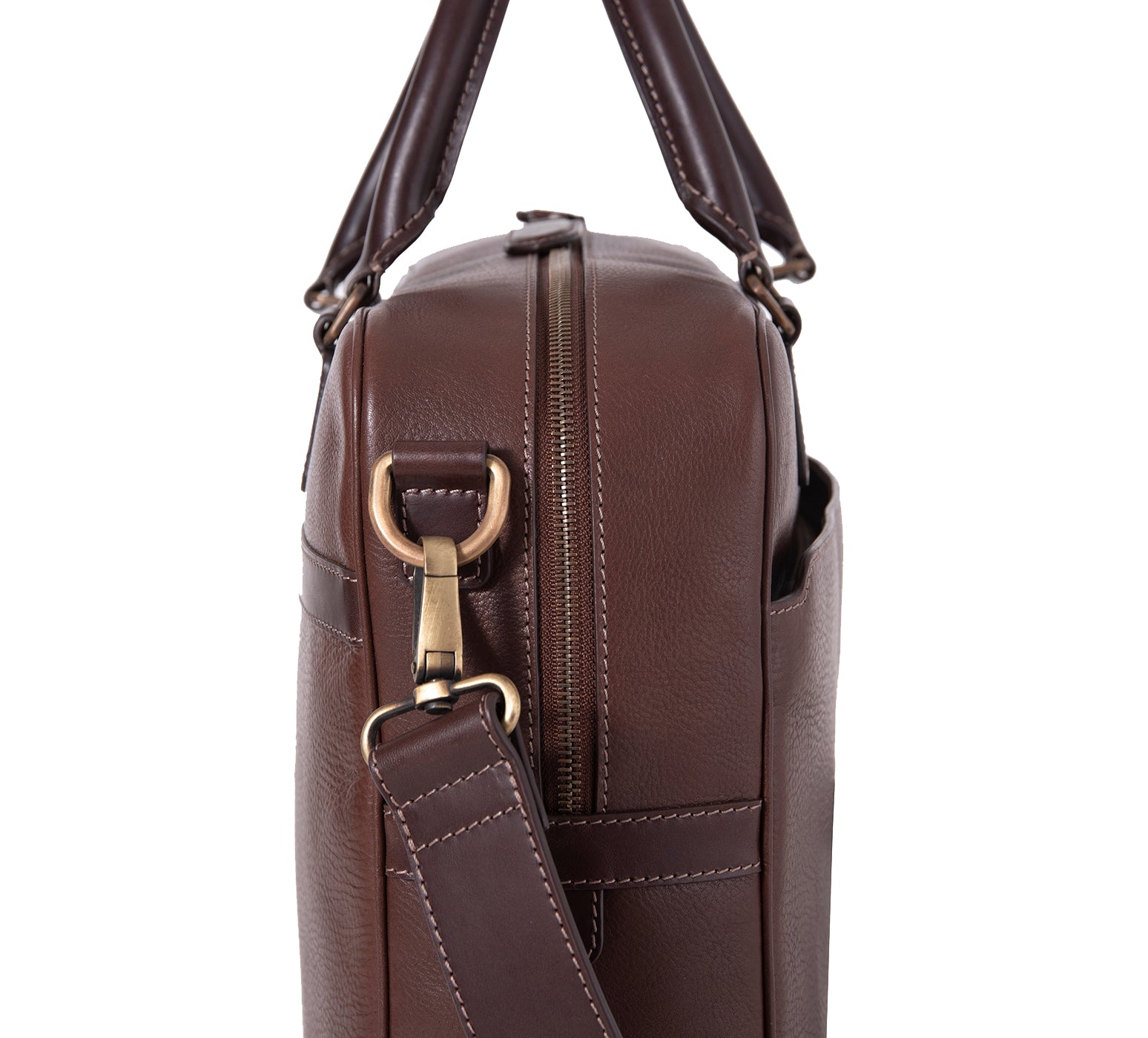 The Lexington Mens Leather Briefcase from Rydal in 'Dark Brown' showing close up of side of bag.