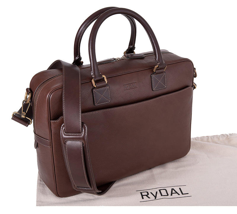 The Lexington Mens Leather Briefcase from Rydal in 'Dark Brown' with cotton bag.