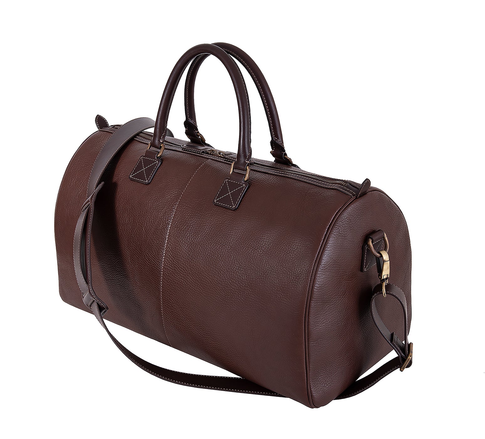 The Portland Mens Leather Travel Bag from Rydal in 'Dark Brown' showing side of bag.
