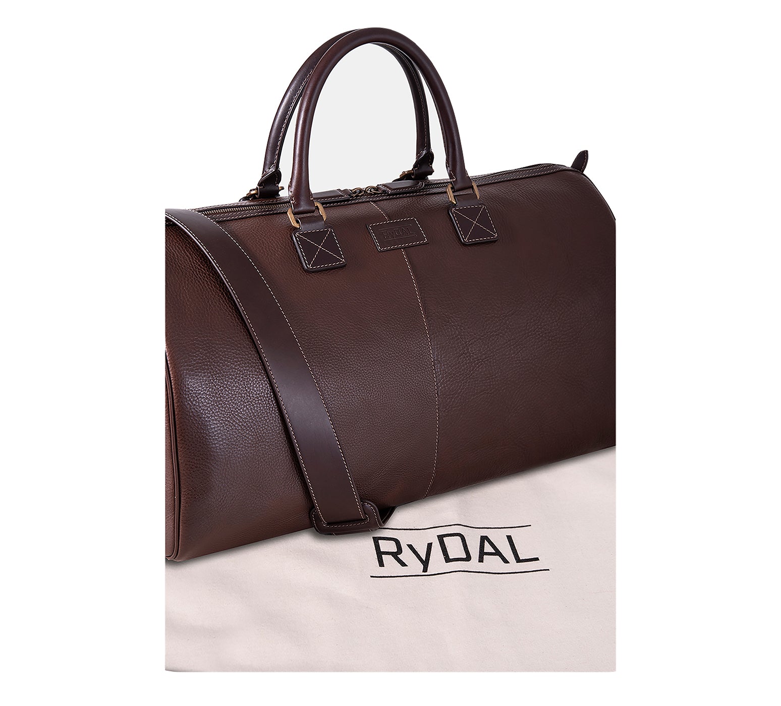 The Portland Mens Leather Travel Bag from Rydal in 'Dark Brown' with cotton bag.