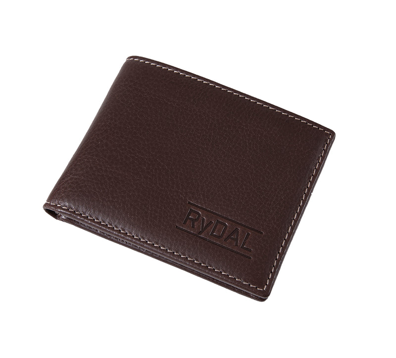 Mens Leather Wallet from Rydal in 'Dark Brown' showing wallet closed.