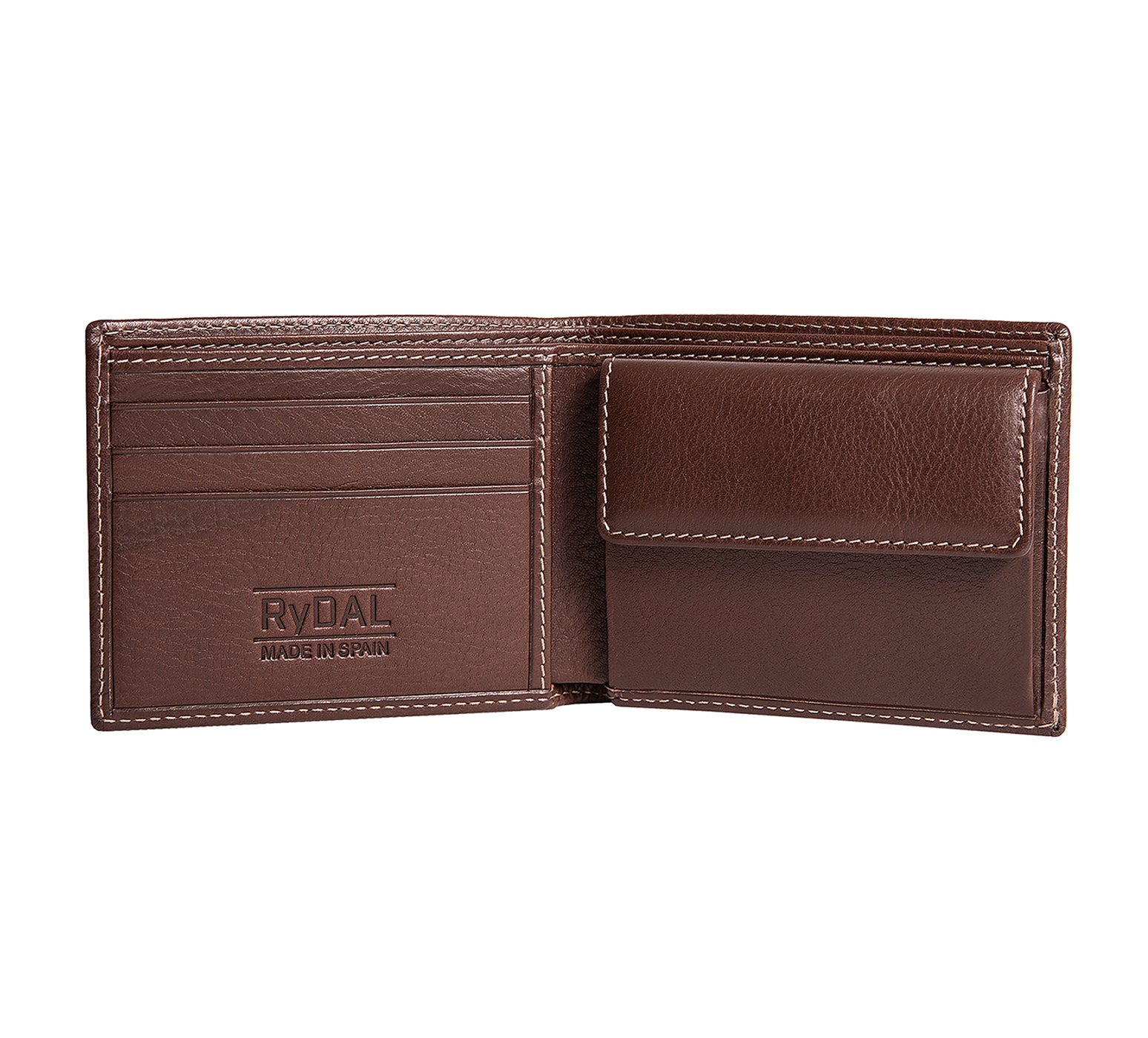 Mens Leather Wallet with Coin Pocket from Rydal in 'Dark Brown' showing interior.