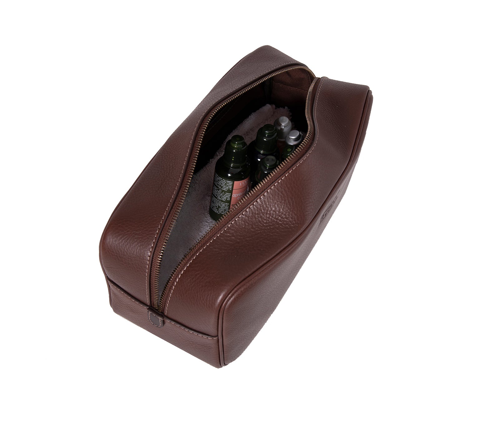 Mens Leather Wash Bag from Rydal in 'Dark Brown' showing toiletries.