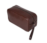 Mens Leather Wash Bag from Rydal in 'Dark Brown' showing zip.
