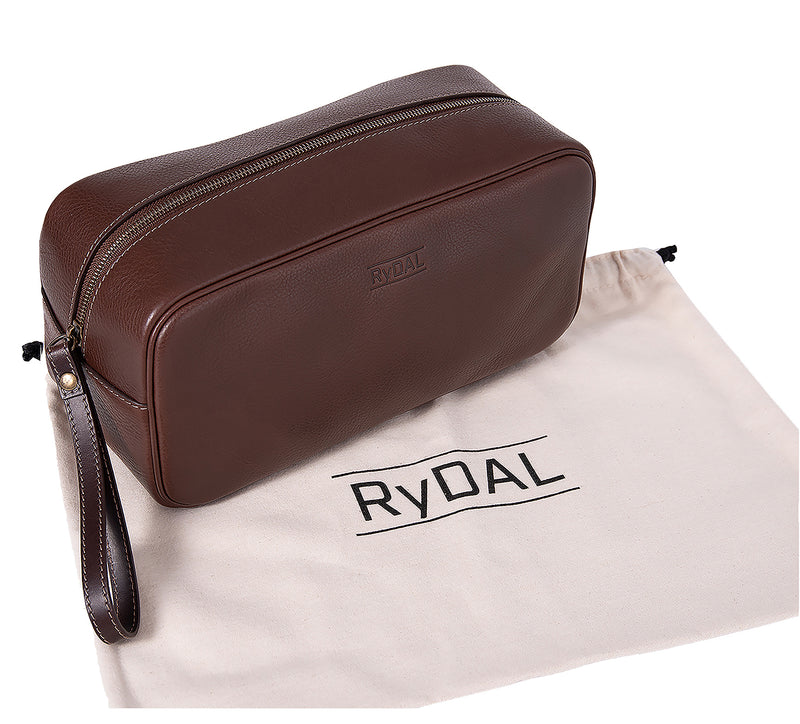 Mens Leather Wash Bag from Rydal in 'Dark Brown' with cotton bag.