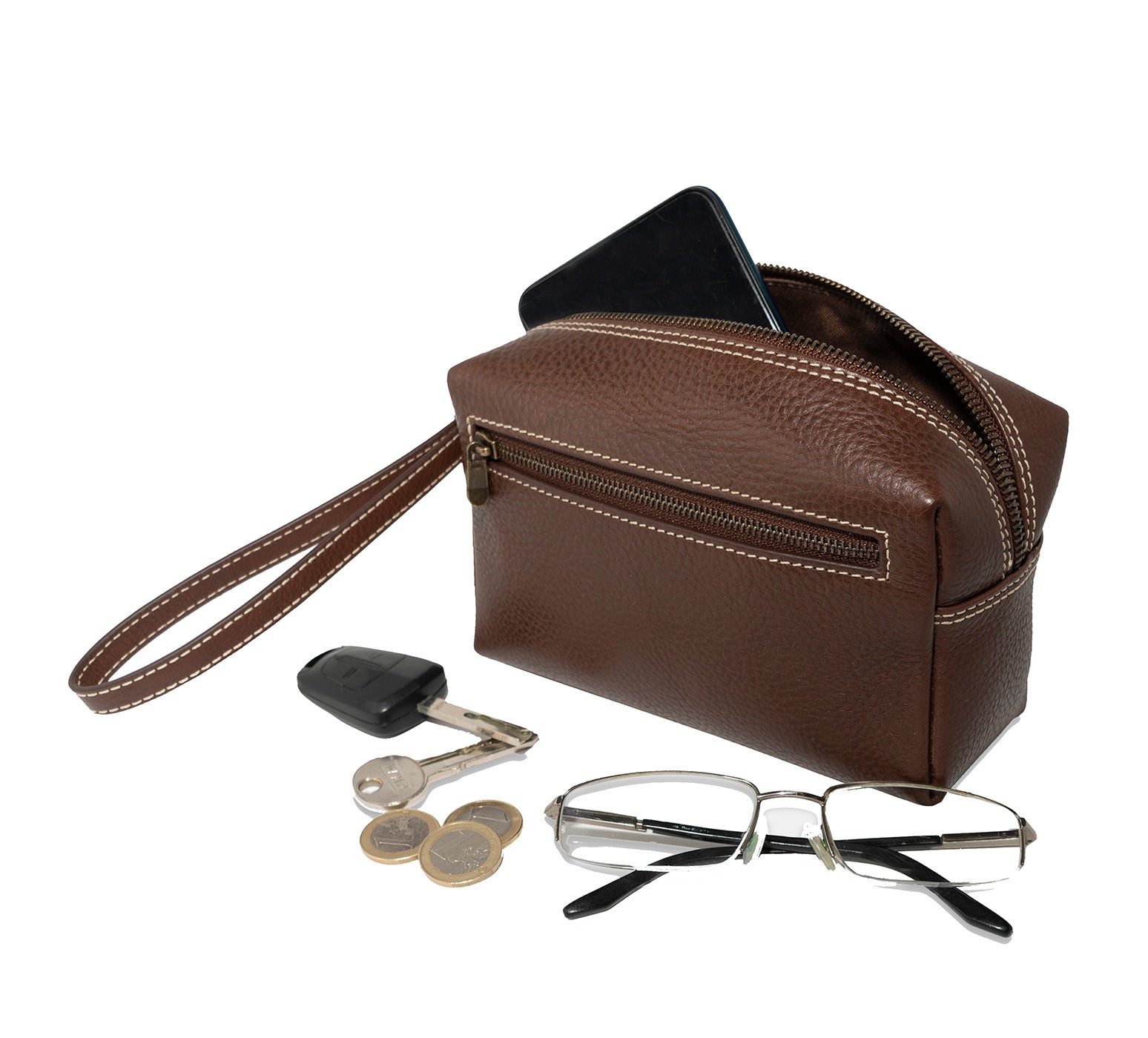 Leather Wrist Bag from Rydal in 'Dark Brown' showing contents.