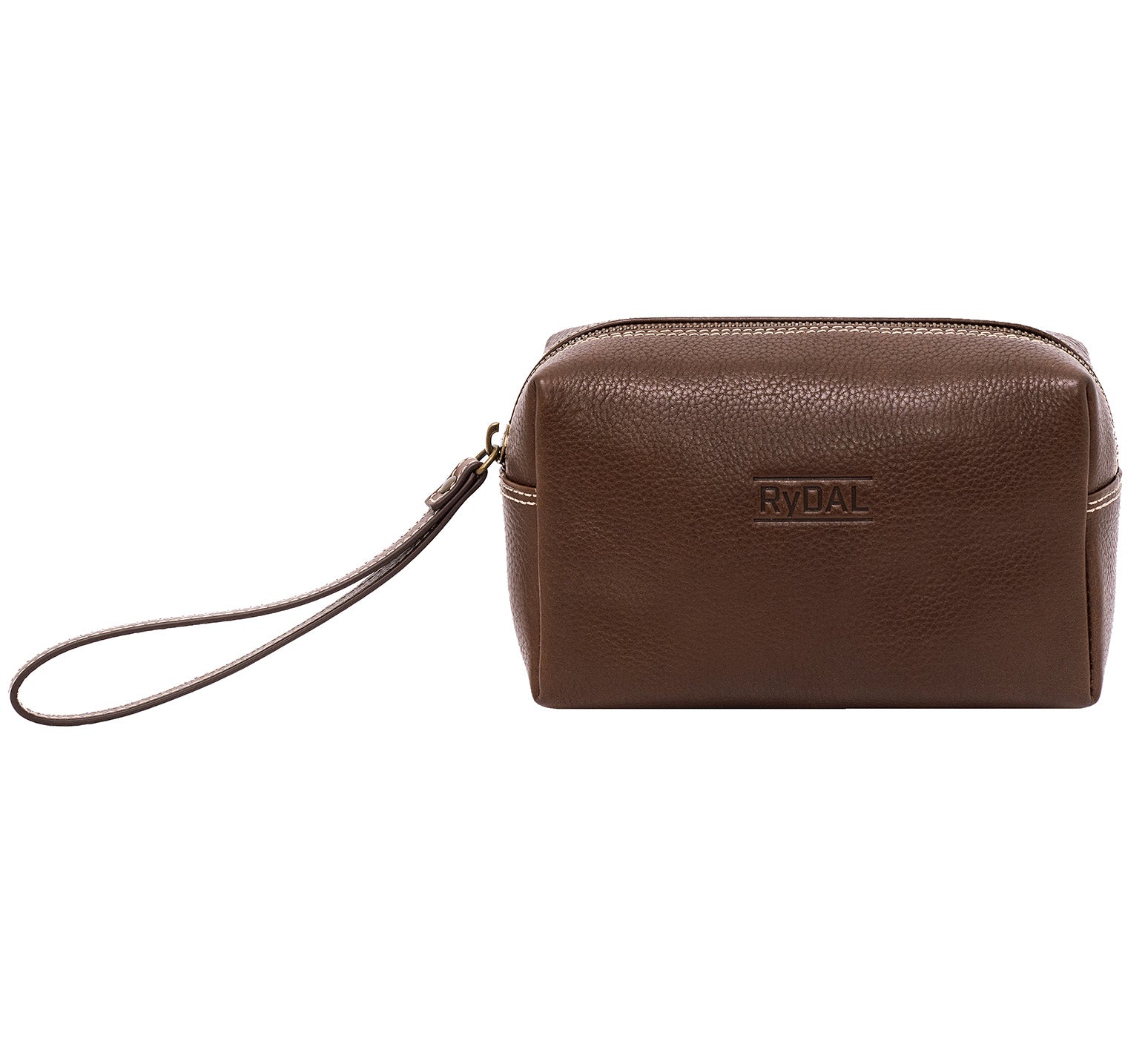 Leather Wrist Bag from Rydal in 'Dark Brown' showing front. 
