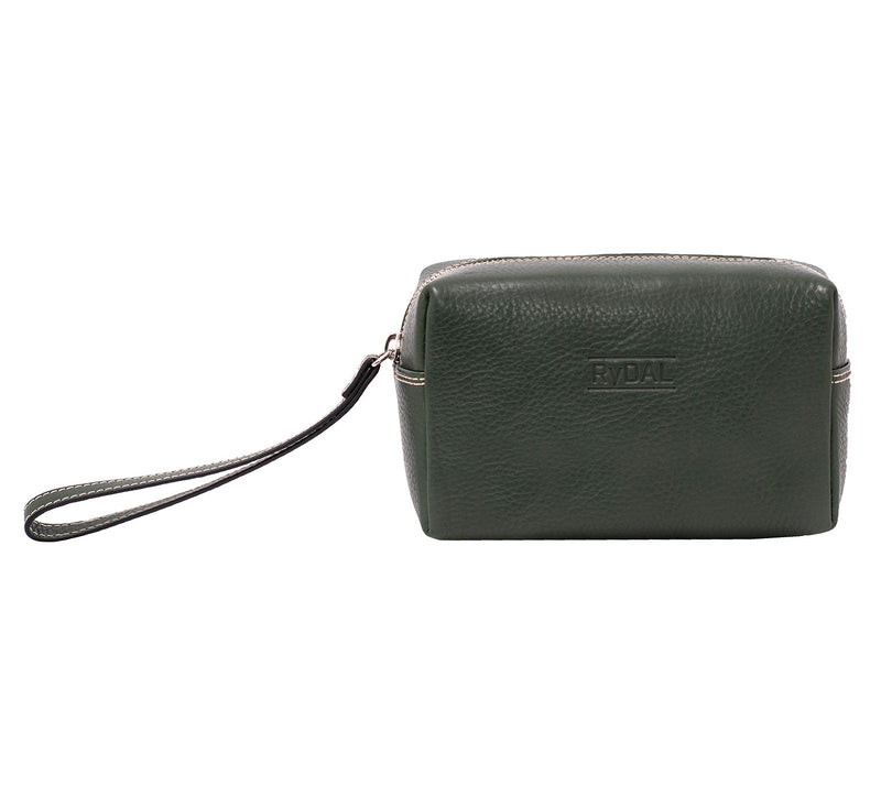 Leather Wrist Bag from Rydal in 'Green' showing front. 
