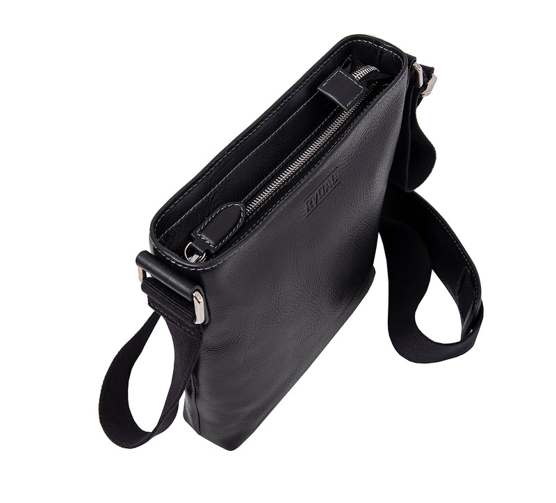 The Lucca Mens Leather Shoulder Bag from Rydal in 'Black' from above.