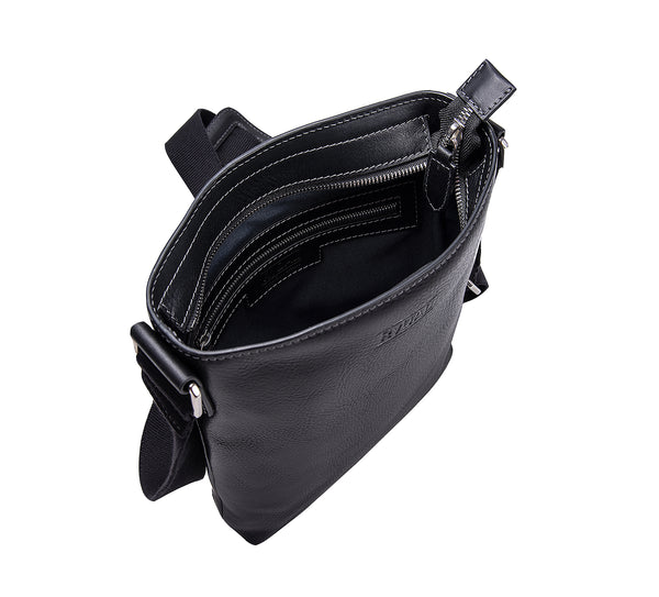 The Lucca Mens Leather Shoulder Bag from Rydal in 'Black' showing interior. 