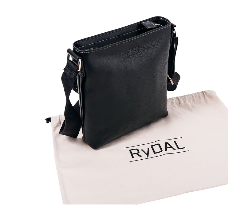 The Lucca Mens Leather Shoulder Bag from Rydal in 'Black' with cotton bag.