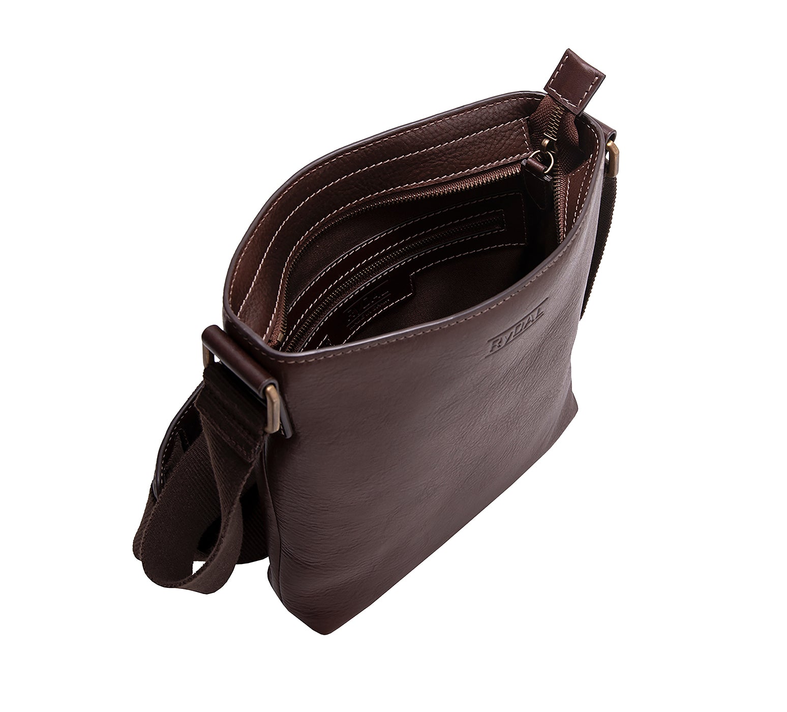 The Lucca Mens Leather Shoulder Bag from Rydal in 'Dark Brown' showing interior.
