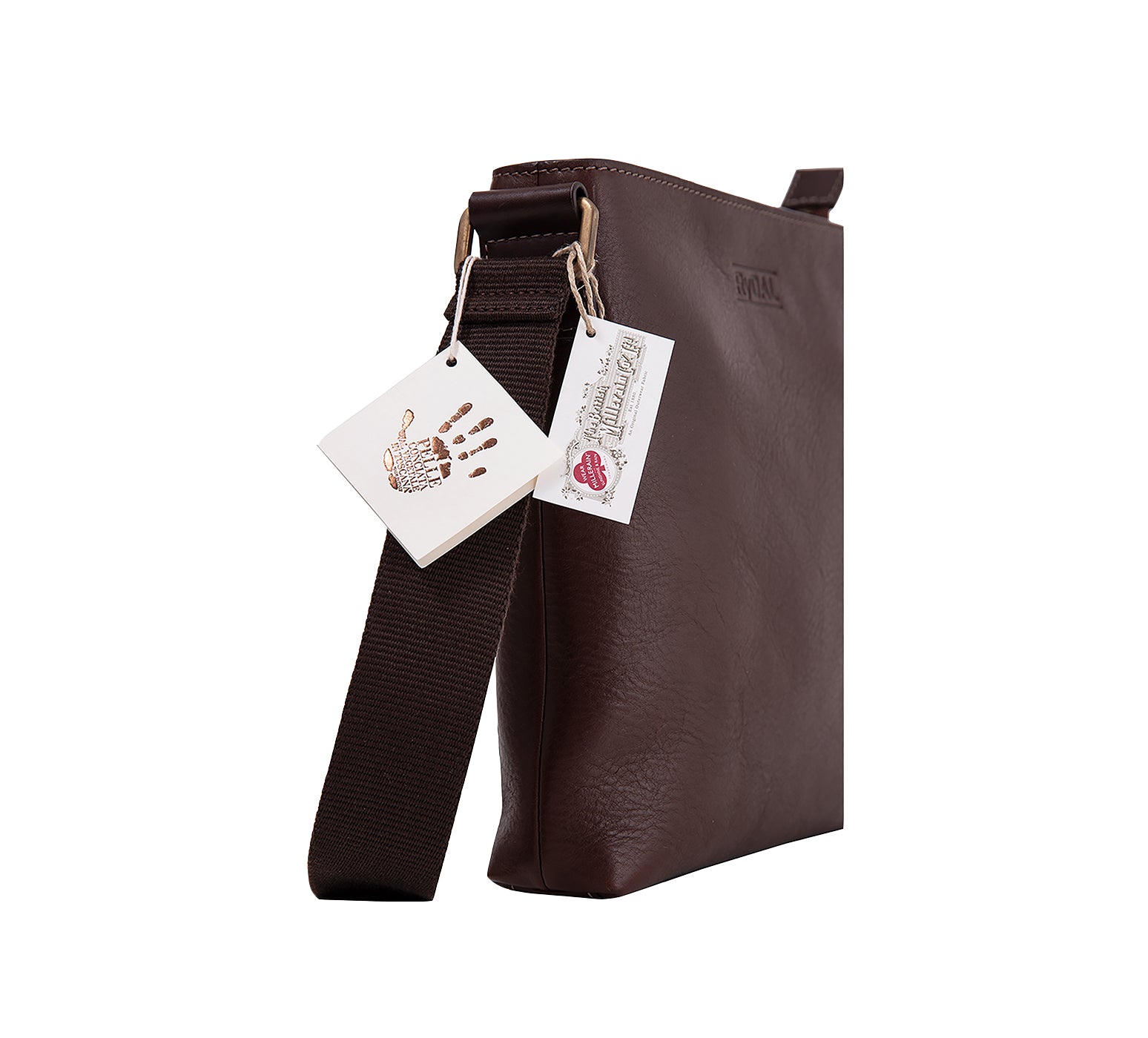 The Lucca Mens Leather Shoulder Bag from Rydal in 'Dark Brown' with Guarantee Tags.